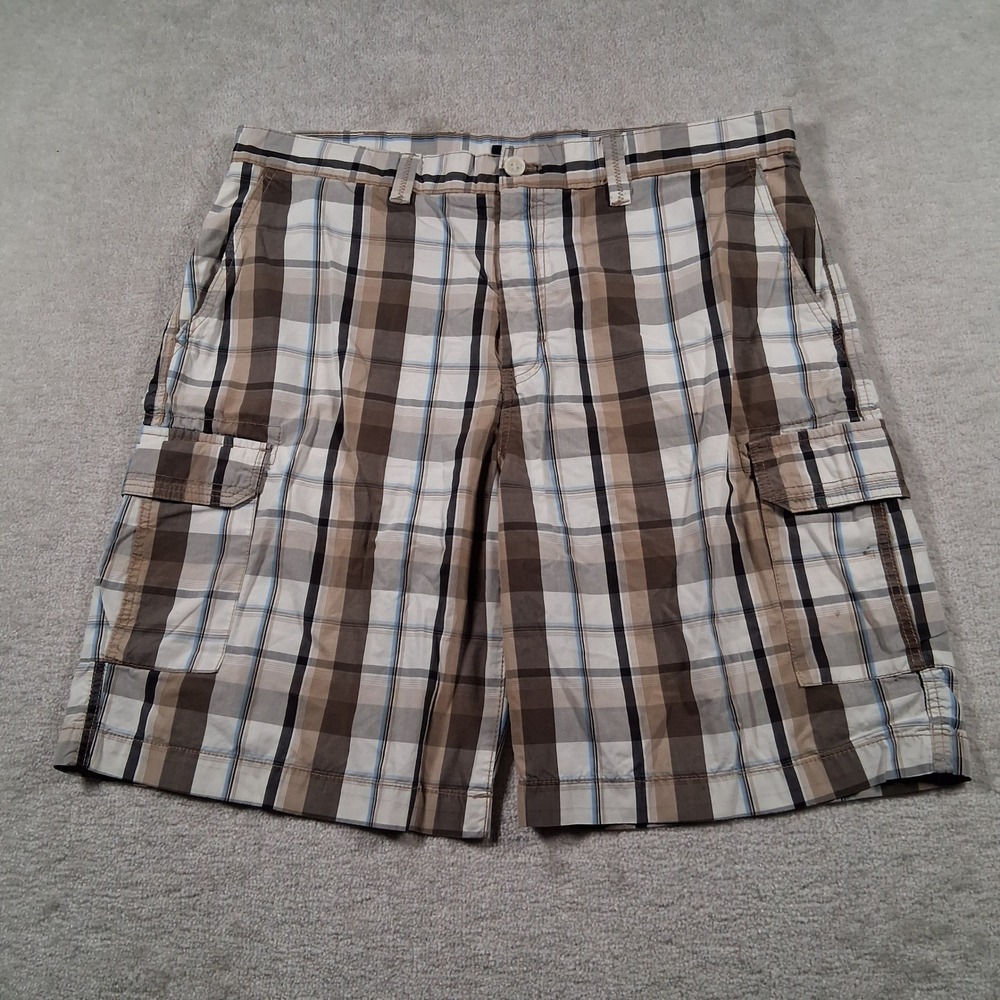 IZOD Cargo Shorts Mens 38 Brown Plaid Multi Pocket Casual Utility Hiking Summer